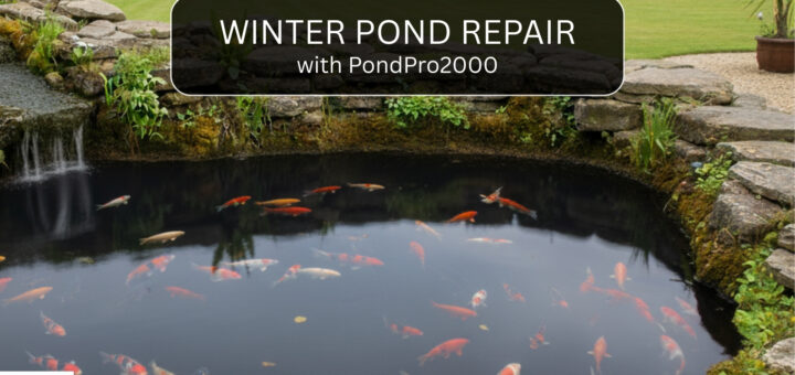 A person in winter clothing repairs a cracked concrete pond with a black sealant from a can labeled PondPro Liquid EPDM, surrounded by snow and a partially frozen pond.