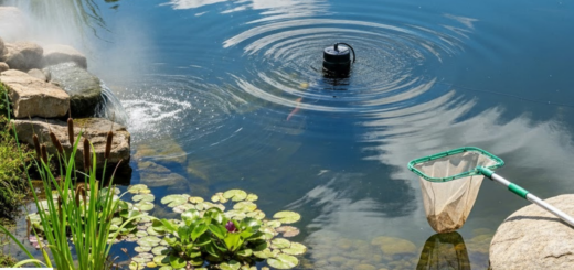 A homeowner using a roller to apply Pond Pro 2000 liquid rubber to a dry concrete pond in the spring.