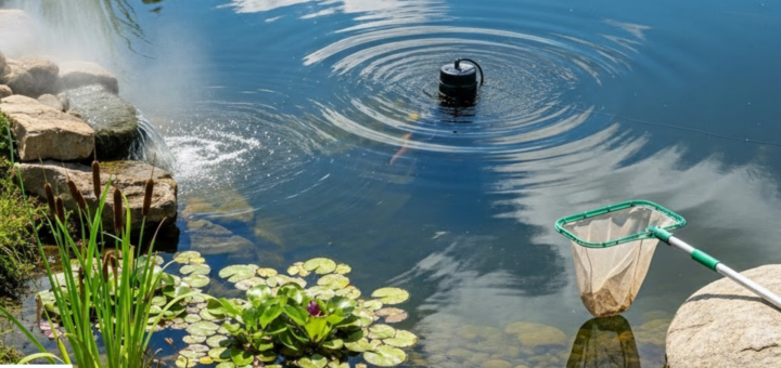 A homeowner using a roller to apply Pond Pro 2000 liquid rubber to a dry concrete pond in the spring.