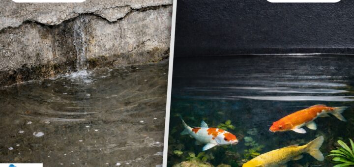 Before and after pond repair showing a leaking concrete pond and a repaired koi pond with clear water