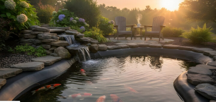 A serene backyard koi pond with clear water, a stone waterfall, and colorful koi fish swimming in a newly sealed basin during a peaceful sunrise.
