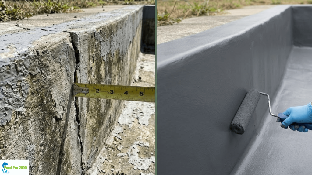 A split image comparing a cracked and weathered concrete pond wall to a wall being repaired with a roller applying Black Pond Pro 2000 liquid Pond liner.