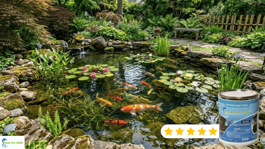 Healthy koi fish pond ecosystem protected with non toxic pond sealer and safe pond liner coating