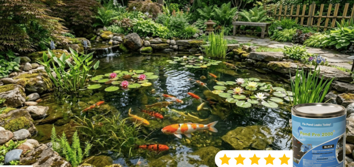 Healthy koi fish pond ecosystem protected with non toxic pond sealer and safe pond liner coating