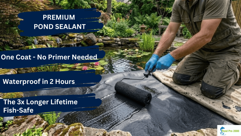 Applying liquid butyl rubber pond sealer coating to repair leaking pond liner safely for fish