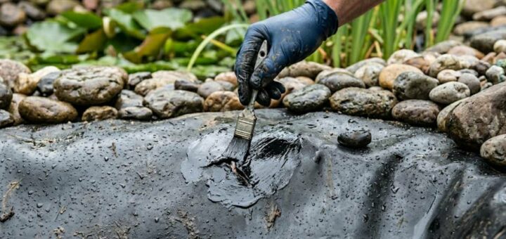 A close-up view of a person applying a specialized EPDM rubber pond sealant to repair a tear in a drained backyard pond liner, preventing leaks.